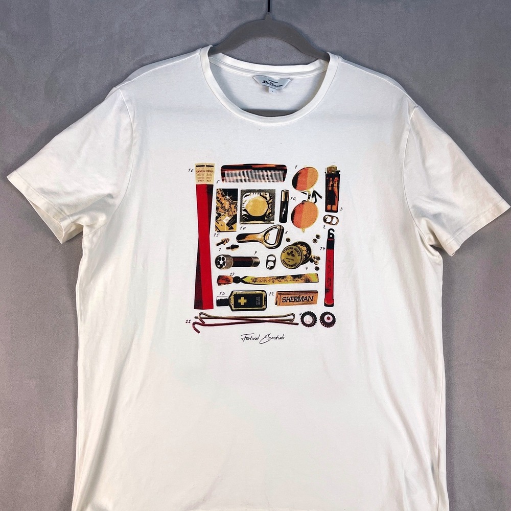Ben Sherman Mens Cream Festival Essentials Graphic T-Shirt Large Short Sleeve